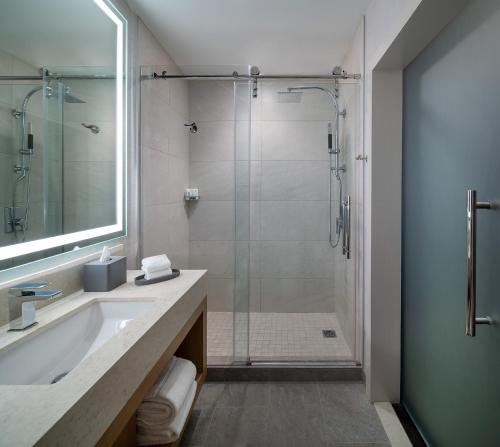 a bathroom with a shower and a sink and a tub at The Westin Houston Medical Center - Museum District in Houston
