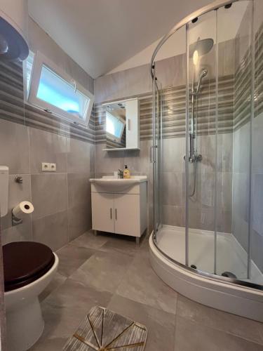 a bathroom with a shower and a toilet and a sink at Apartments Peronja Jelsa Seafront in Jelsa