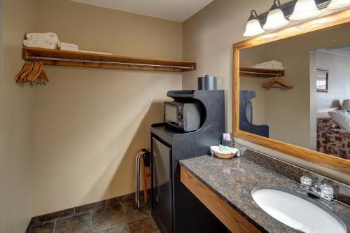 een badkamer met een wastafel, een magnetron en een spiegel bij Rock Crest Lodge & Cabins in Custer