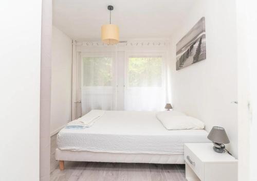 a white bedroom with a bed and a window at Appartement Zen à Chalon-sur-Saône in Chalon-sur-Saône