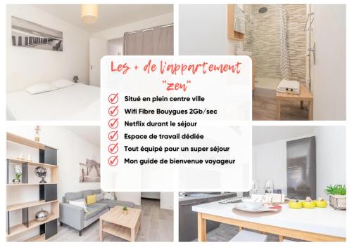 un collage de photos d'un salon avec un panneau dans l'établissement Appartement Zen à Chalon-sur-Saône, à Chalon-sur-Saône