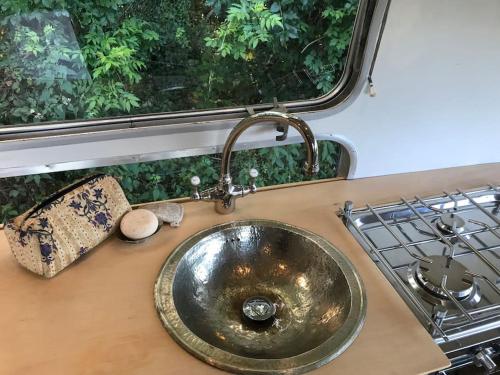 a kitchen counter with a sink and a sink at Airstream, vintage American caravan & Hottub in Ashburton