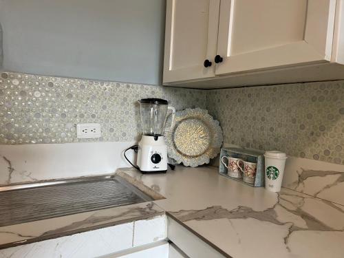a kitchen counter with a blender on a counter top at Departamento inteligente en Puyo in Puyo