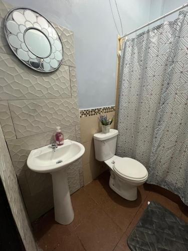 a bathroom with a toilet and a sink and a mirror at Departamento inteligente en Puyo in Puyo