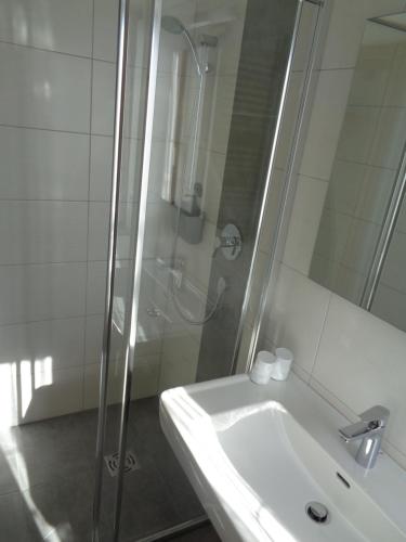a bathroom with a shower and a sink at Haus Alpenfriede in Weissensee