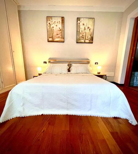 een slaapkamer met een wit bed met twee foto's aan de muur bij Le Macine in Magnano