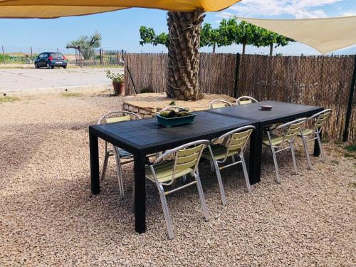 a black table and chairs under a tree at Masia Llambrich in Deltebre