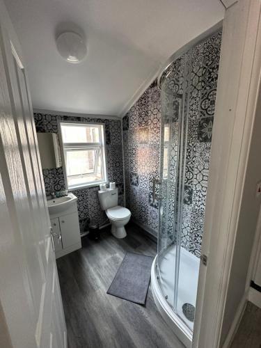 a bathroom with a shower and a toilet and a sink at DVM escape Flat 2 in Bristol