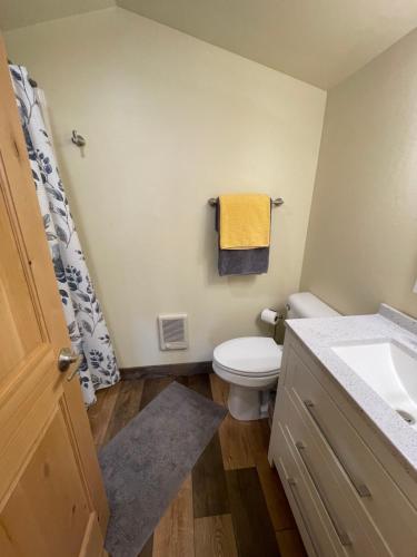 a bathroom with a white toilet and a sink at Rhodopa Lodge at Yellowstone in Gardiner