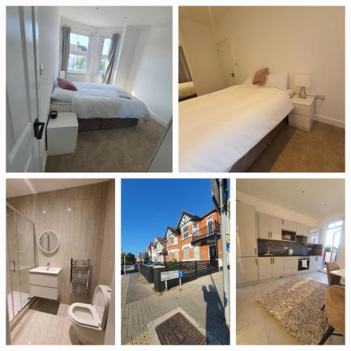a collage of four pictures of a hotel room at Blue house in Edgware