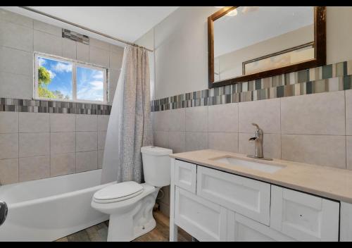 a bathroom with a toilet and a sink and a mirror at The Cozy spot in Orlando