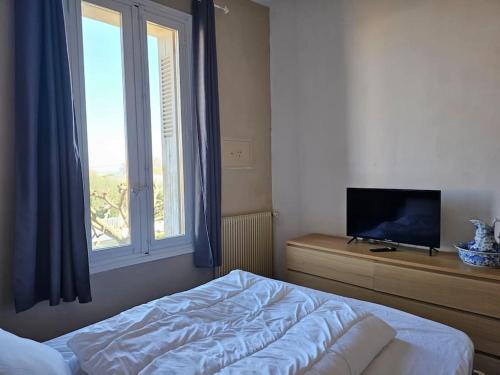 um quarto com uma cama, uma televisão e uma janela em Appt 35 m² dans maison de charme em Mèze