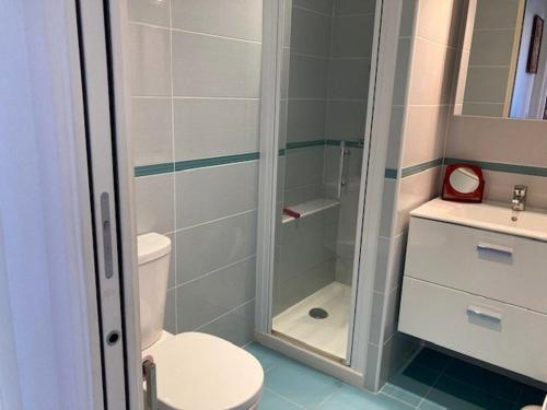 une salle de bain avec une douche, des toilettes et un lavabo dans l'établissement Appartement climatisé en bord de mer, Le Lavandou - FR-1-308-181, au Lavandou