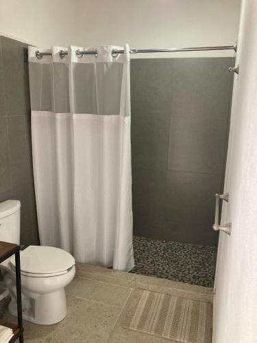 a bathroom with a shower curtain and a toilet at Casa Ciprés in Valle de Guadalupe