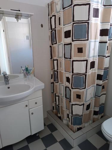 a bathroom with a sink and a shower curtain at Rose's House in Grótta
