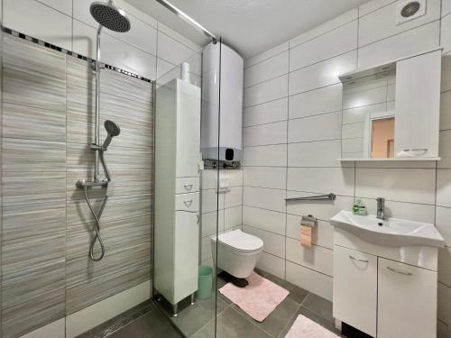a bathroom with a shower and a toilet and a sink at Apartmani Ana in Dramalj