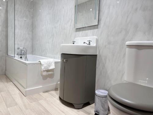 a bathroom with a sink and a toilet and a tub at Pontcysyllte Chapel Tearoom in Llangollen