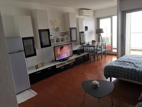 un salon avec un lit et une télévision à écran plat dans l'établissement Cosy 4 studio front de mer, à Canet