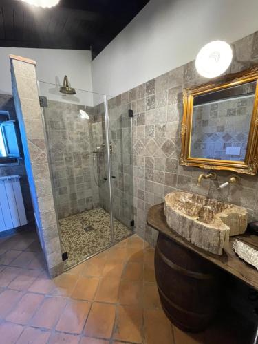 アルピーノにあるAgriturismo Le Faetaのバスルーム(シャワー、洗面台、ガラス張りのシャワーブース付)