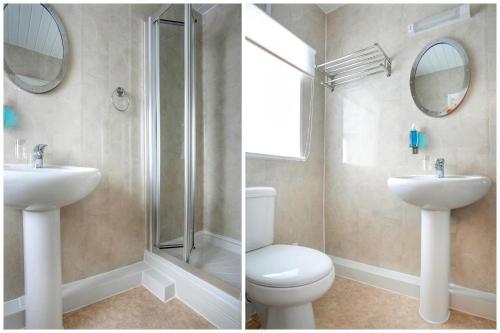 two pictures of a bathroom with a toilet and a sink at Yardley Manor Hotel in Torquay