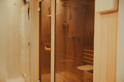 a bathroom with a glass shower with a toilet at Solterra Poolhouse 1 in Tesimo