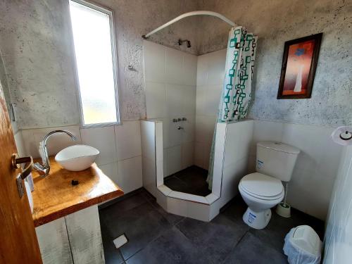 a bathroom with a shower and a toilet and a sink at Espacio Nux in Los Árboles