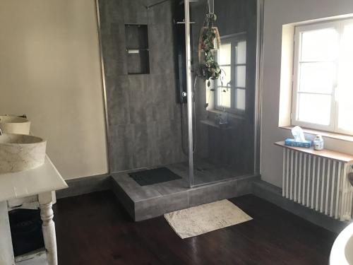 une douche avec une porte vitrée dans une salle de bain dans l'établissement Large and chic house near DisneylandParis, Charles-de-Gaulle Airport and 45 mn from Paris, à Neufmontiers-lès-Meaux