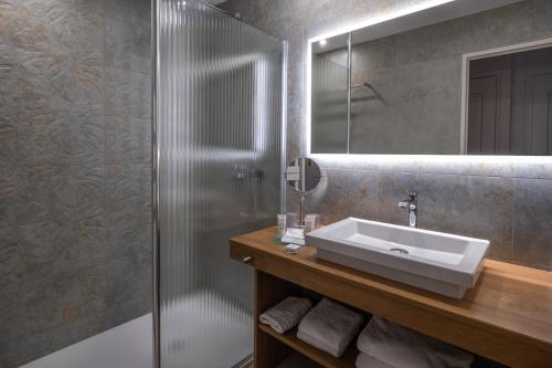 a bathroom with a sink and a shower with a mirror at Château De Pray in Amboise