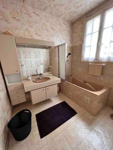 une salle de bain avec un lavabo, une baignoire et un miroir dans l'établissement Gîte de la petite fourmy, à Saint-Sulpice-les-Feuilles