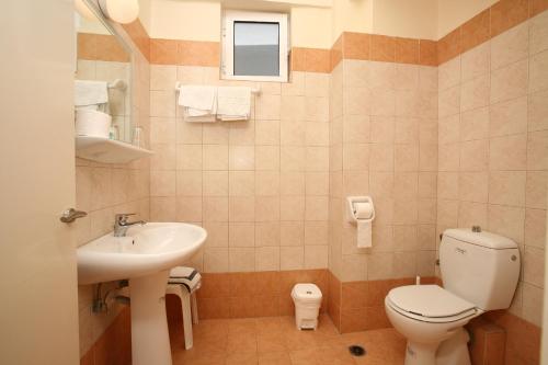 ein kleines Bad mit WC und Waschbecken in der Unterkunft Hotel Flisvos in Kalamata