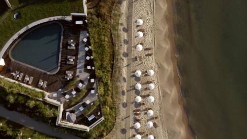 Vaya Beach Resort في Emona: اطلالة علوية على شاطئ به مجموعة من الخيام