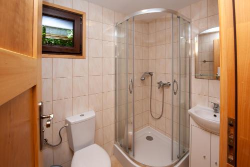 a bathroom with a shower and a toilet and a sink at Domki, pokoje u Małgosi in Sztutowo
