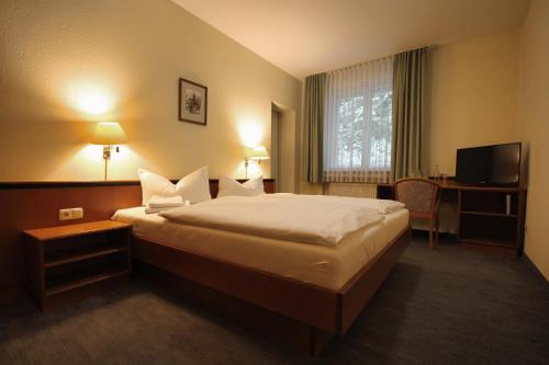 a hotel room with a bed and a television at Hotel-Gasthof Postbräu Dingolfing in Dingolfing