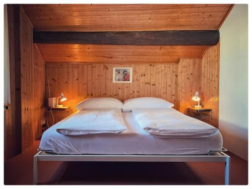 ein großes Bett in einem Holzzimmer mit zwei Kissen in der Unterkunft Hotel Alpina in Lumbrein