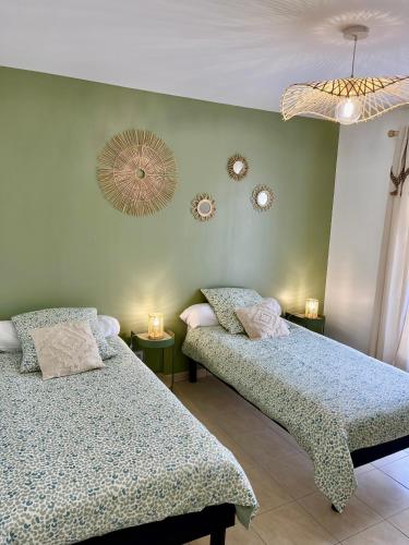 deux lits dans une chambre avec des murs verts et des miroirs dans l'établissement Gîte Basilic, à Saint-Aignan