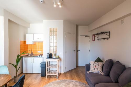 a living room with a couch and a kitchen at Japie rooms - in the heart of Antwerp in Antwerp