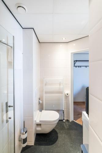 a white bathroom with a toilet and a shower at Japie rooms - in the heart of Antwerp in Antwerp