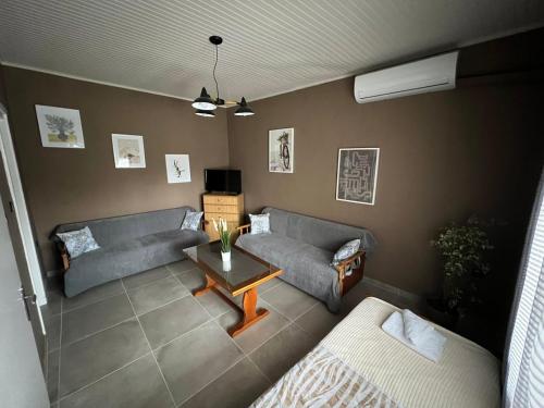ein Wohnzimmer mit 2 Sofas und einem Couchtisch in der Unterkunft Kariofilli's house in Ágios Athanásios