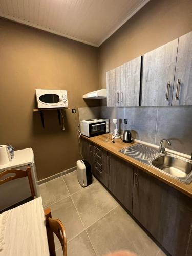 a small kitchen with a sink and a microwave at Kariofilli's house in Áyios Athanásios