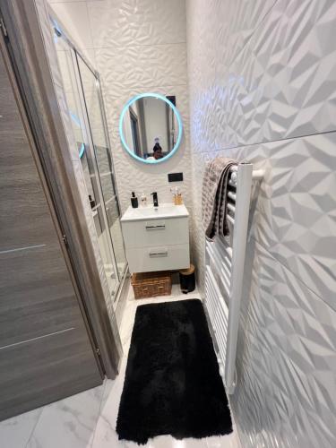La salle de bains est pourvue d'un lavabo et d'un miroir. dans l'établissement Rancy, à Lyon