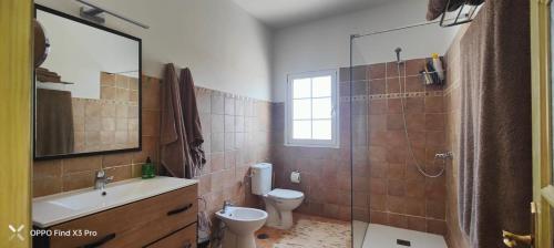 W łazience znajduje się toaleta, umywalka i lustro. w obiekcie FAMILY HOME WITH POOL, Fuerteventura-Gran Tarajal w mieście Juan Gopar
