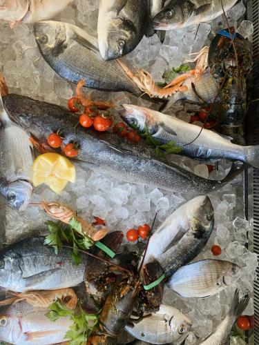 a bunch of fish on ice with lemon and tomatoes at HOTEL MERCURIO SUL MARE - Fish restaurant and private beach in Capo Vaticano