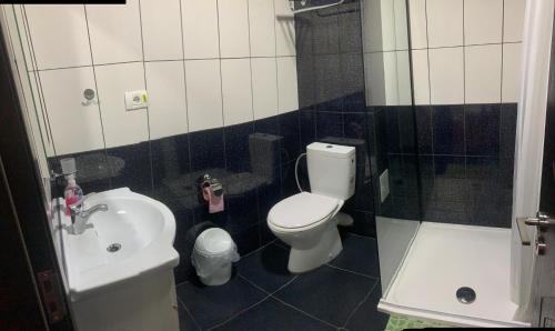 ママイア・ノルドにあるVila Sunny Jopのバスルーム(トイレ、洗面台、シャワー付)