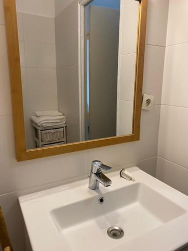 a bathroom with a sink and a mirror at Studio pieds dans l'eau in Algajola