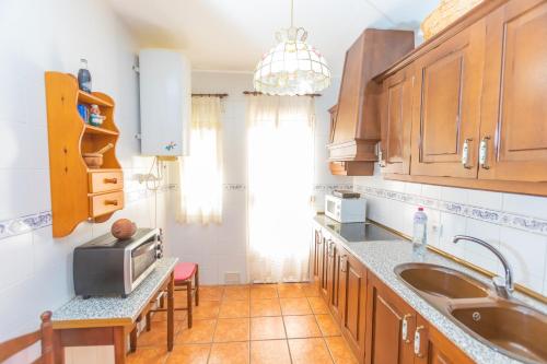een keuken met een wastafel en een magnetron bij La Alondra in Arroyo Frio