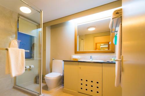 a bathroom with a toilet and a sink and a shower at Protea Hotel by Marriott Dar es Salaam Oyster Bay in Dar es Salaam