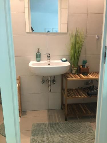 a bathroom with a sink and a mirror at Pasarét Studio in Budapest