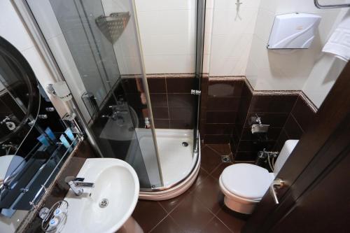 a bathroom with a shower and a toilet and a sink at Eiffel Hotel in Batumi