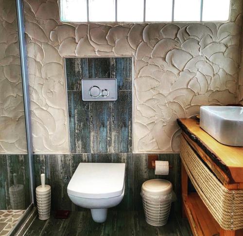 uma casa de banho com um WC e um lavatório em Erythros Hotel em Cesme