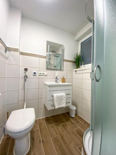 a bathroom with a toilet and a sink at Alpenchic in Oberstaufen